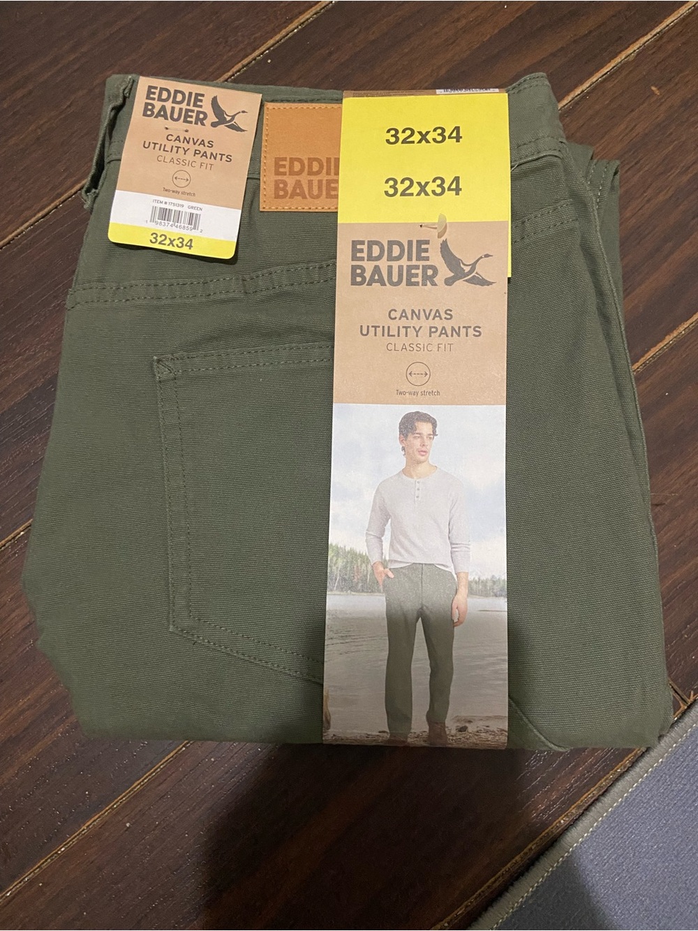 Eddie Bauer Utility Pants Men 32 x 34 Green Canvas Stretch Straight Leg NEW